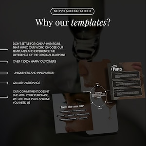 May include: A black and white graphic design template with the text "Why our templates?" and a list of reasons why to choose their templates. The list includes "Over 13000+ Happy Customers", "Uniqueness and Innovation", and "Quality Assurance".