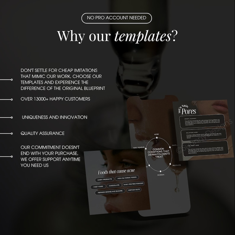 May include: A black and white graphic design template with the text "Why our templates?" and a list of reasons why to choose their templates. The list includes "Over 13000+ Happy Customers", "Uniqueness and Innovation", and "Quality Assurance".
