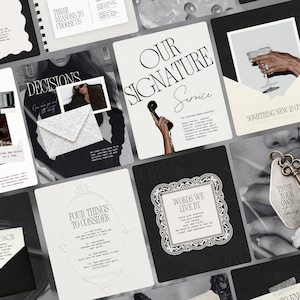 May include: A collage of branding materials featuring black and white photography, elegant typography, and graphic design elements. The layout includes text such as Our Signature Service, Words We Live By, and Four Things To Consider, alongside imagery of a vintage telephone, a lace envelope, and a metal key tag.
