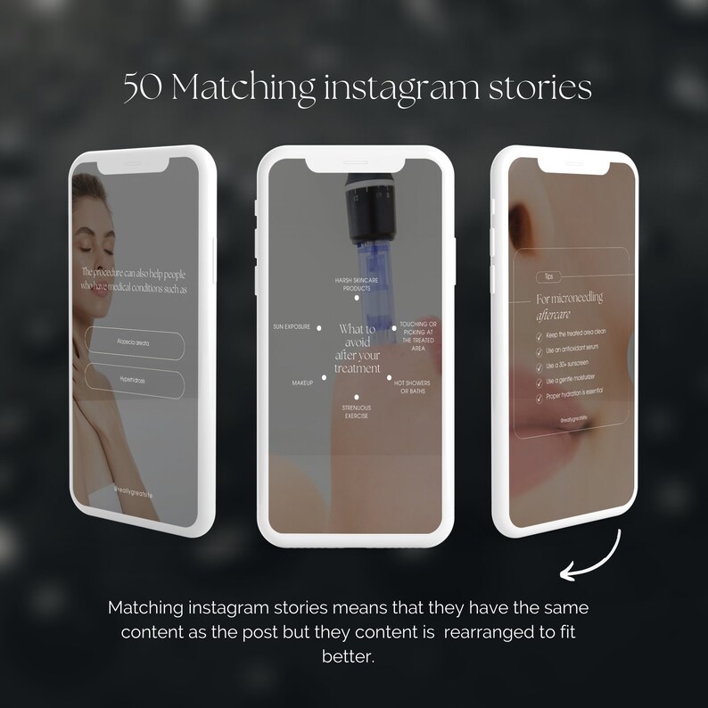 May include: Three Instagram story screens with white backgrounds and black text. The first screen has the text "The procedure can also help people who have medical conditions such as". The second screen has the text "What to avoid after your treatment" with a list of things to avoid, including sun exposure, makeup, strenuous exercise, harsh skincare products, touching or picking at the treated area, and hot showers or baths. The third screen has the text "For microneedling aftercare" with a list of things to do after microneedling, including keep the treated area clean, use an antibiotic serum, be in the sun, use a gentle moisturizer, use a SPF 30 sunscreen, proper hydration is essential, and avoid touching the treated area.
