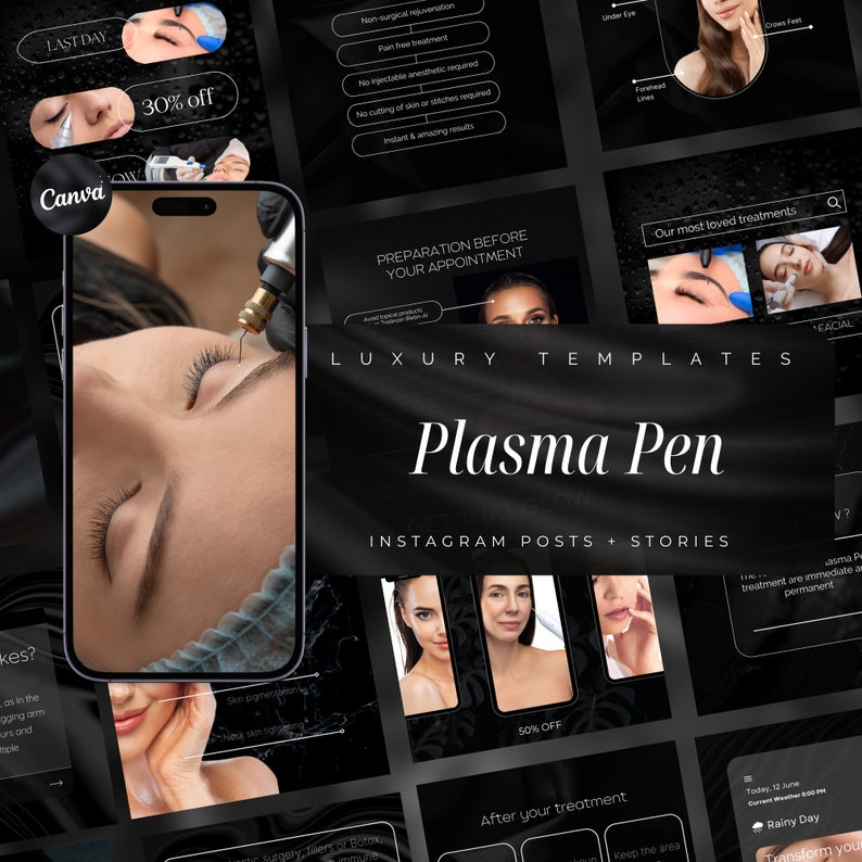 May include: A collection of Instagram post and story templates for a beauty business offering plasma pen treatments. The templates feature a black and white color scheme with a luxurious feel. The text includes "Plasma Pen", "Luxury Templates", "Instagram Posts + Stories", and "Our most loved treatments".