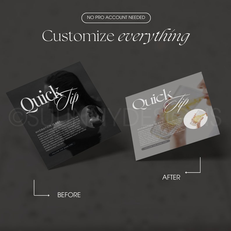 Puede incluir: Imagen antes y despu&eacute;s que muestra una imagen en blanco y negro de una persona bebiendo agua, con el texto "Quick Tip" y "Hydration is Key" sobre un fondo negro. La imagen despu&eacute;s est&aacute; en color y muestra a la persona bebiendo agua con el texto "Quick Tip" y "Hydration is Key" sobre un fondo gris.