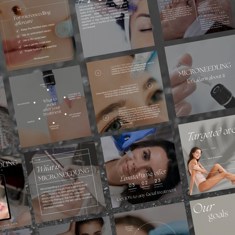 May include: A collage of images promoting microneedling treatments. The images show a close-up of a microneedling tool, a woman receiving a treatment, and a list of things to avoid after the treatment. The text "Microneedling: Let's learn about it" is also included.