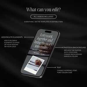 May include: A smartphone displays text: "Let's work together and bring the story into reality." The screen also shows options for branding, web design, content creation, and motion. The image highlights editable elements, photos, background, and text.