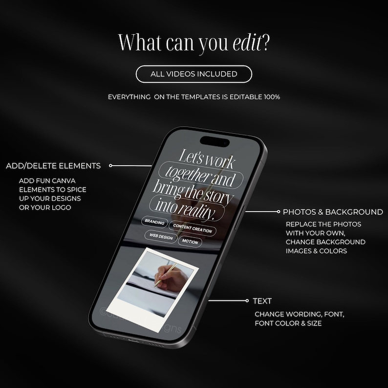 May include: A smartphone displays text: "Let's work together and bring the story into reality." The screen also shows options for branding, web design, content creation, and motion. The image highlights editable elements, photos, background, and text.