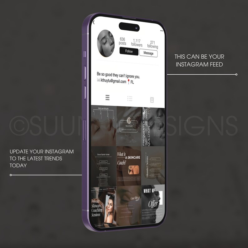 Puede incluir: Una maqueta de tel&eacute;fono inteligente morado que muestra una fuente de redes sociales que presenta el perfil de Instagram de un entrenador de cuidado de la piel. El perfil tiene 636 publicaciones, 1.117 seguidores y 271 seguidos. El texto "S&eacute; tan bueno que no puedan ignorarte." se muestra en el perfil. La fuente incluye im&aacute;genes de productos para el cuidado de la piel, la cara de una mujer y texto sobre entrenamiento de cuidado de la piel.
