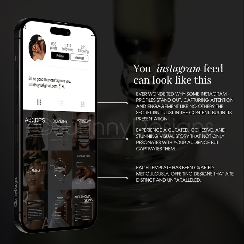 May include: A screenshot of a mobile phone displaying a mockup of an Instagram feed. The feed is designed to show a cohesive and curated visual story. The text on the screen reads "You instagram feed can look like this."  "Ever wondered why some Instagram profiles stand out, capturing attention and engagement like no other? The secret isn't just in the content, but in its presentation!"  "Experience a curated, cohesive, and stunning visual story that not only resonates with your audience but captivates them."  "Each template has been crafted meticulously, offering designs that are distinct and unparalleled."