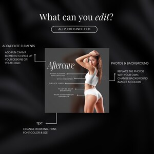 May include: A graphic with the text "What can you edit?" and "All photos included."  The graphic shows a woman in white underwear and a white tank top. The graphic also includes text about aftercare, photos and background, and text.
