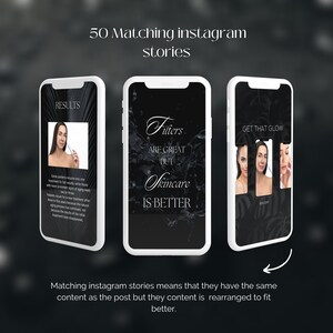 May include: Three black and white phone screens with text overlays. The first screen says "Results" and shows a woman holding a product. The second screen says "Filters are great but Skincare is better". The third screen says "Get that glow" and shows three images of a woman's face.