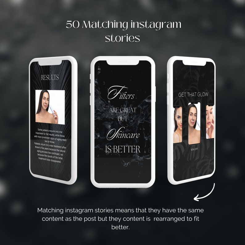 May include: Three black and white phone screens with text overlays. The first screen says "Results" and shows a woman holding a product. The second screen says "Filters are great but Skincare is better". The third screen says "Get that glow" and shows three images of a woman's face.