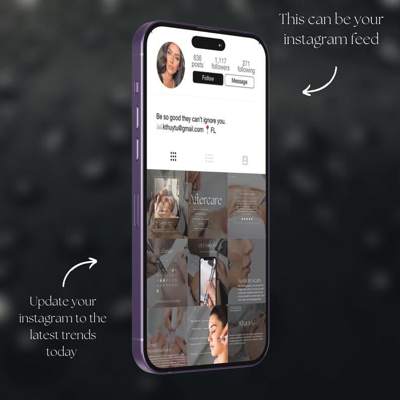 May include: A screenshot of an Instagram profile for a beauty business. The profile has 636 posts, 1,117 followers, and 271 following. The profile picture is a woman with dark hair and makeup. The bio says "Be so good they can't ignore you. kthuytu@gmail.com FL". The profile has a grid of nine photos, each with a different image related to beauty treatments. The photos include close-ups of skin, tools, and people receiving treatments. The text on the photos includes "Aftercare", "Get the Glow", "No more scars", and "What is it?"