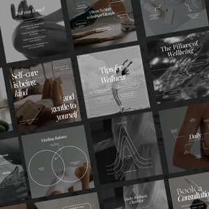Puede incluir: Un collage de im&aacute;genes en blanco y negro con texto sobre el bienestar y el cuidado personal. Las im&aacute;genes incluyen a una persona haciendo ejercicio, una persona meditando y una persona tomando un descanso. El texto incluye frases como "El cuidado personal es ser amable", "Consejos para el bienestar" y "Los pilares del bienestar".