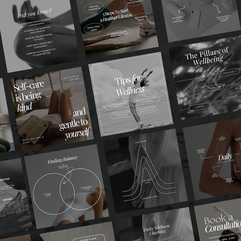 Puede incluir: Un collage de im&aacute;genes en blanco y negro con texto sobre el bienestar y el cuidado personal. Las im&aacute;genes incluyen a una persona haciendo ejercicio, una persona meditando y una persona tomando un descanso. El texto incluye frases como "El cuidado personal es ser amable", "Consejos para el bienestar" y "Los pilares del bienestar".