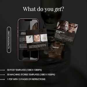 May include: A digital marketing kit for skincare professionals. The kit includes 50 Instagram post templates, 50 Instagram story templates, and a 13-page PDF with instructions. The templates feature black and white photos of people's faces and text about skincare.