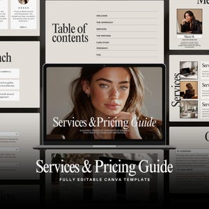 May include: A laptop screen shows a "Services & Pricing Guide" template, featuring a woman's portrait. The template includes sections for services, the approach, and a table of contents. The text "ELEVATED, STRATEGIC CONTENT FOR BRANDS THAT WANT TO GROW WITH INTENTION" is visible.