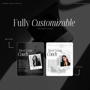 May include: A black and white Mindset Coach template design with the text "Fully Customizable" and "Meet Your Coach". The design includes a laptop and two examples of the template, one labeled "Before" and the other "After".