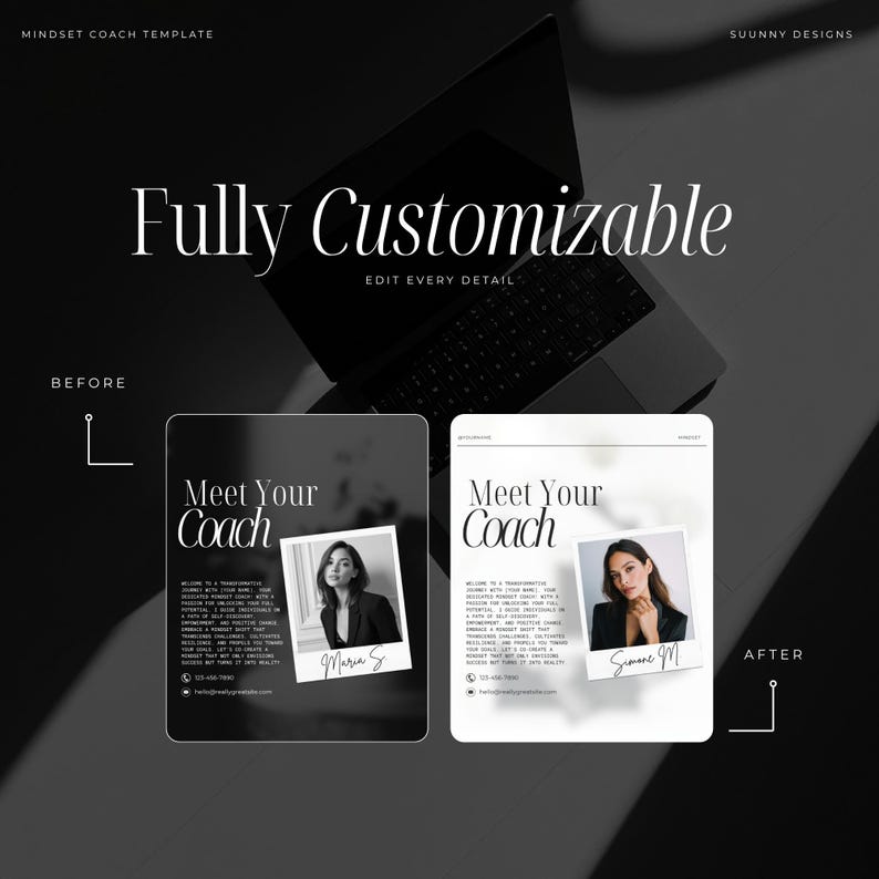 May include: A black and white Mindset Coach template design with the text "Fully Customizable" and "Meet Your Coach". The design includes a laptop and two examples of the template, one labeled "Before" and the other "After".