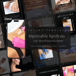Puede incluir: Un collage de plantillas de historias de Instagram para un negocio de belleza que ofrece lipolisis inyectable, también conocida como inyecciones de disolución de grasa. Las plantillas presentan un fondo negro con texto blanco e imágenes de una persona que recibe inyecciones. El texto incluye "Lipolisis inyectable", "Inyecciones de disolución de grasa", "Plantillas de lujo" y "Plantillas de historias de Instagram".