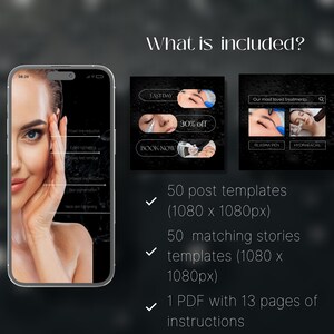 May include: A digital mockup of a smartphone screen displaying a list of beauty treatments, including frown line reduction, eyelid tightening, crows feet removal, smoker's lines reduction, skin pigmentation, and neck skin tightening. The image also includes a mockup of social media posts and stories for a beauty business, with text that says "Last Day", "Book Now", "30% off", "Our most loved treatments", "Plasma Pen", and "Hydrafacial". The text "50 post templates (1080 x 1080px)", "50 matching stories templates (1080 x 1080px)", and "1 PDF with 13 pages of instructions" is also included.
