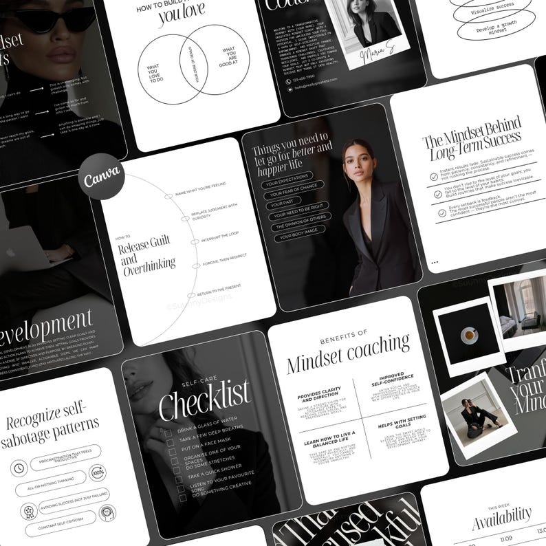 May include: A collection of digital marketing materials, including infographics and checklists, with a black and white aesthetic. The Canva logo is visible. Topics include mindset coaching, self-care, and long-term success.
