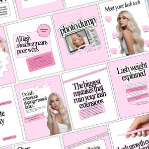 Op de afbeelding: Een verzameling roze en witte informatiekaarten over wimperextensions. De kaarten bevatten tekst, afbeeldingen en foto's van een vrouw met lang blond haar. Onderwerpen zijn wimperuitval, fouten en gewicht.