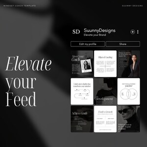 May include: A digital template for a mindset coach, featuring a dark, elegant design. The layout includes sections for coaching pillars, daily habits, development, and achieving goals. The text "Elevate your Feed" is prominently displayed.
