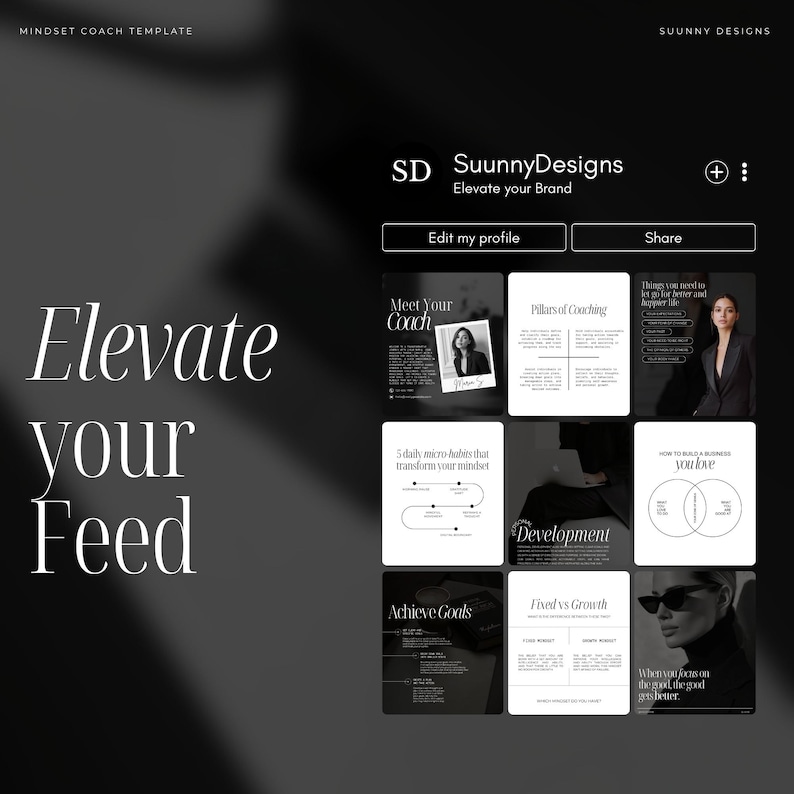 May include: A digital template for a mindset coach, featuring a dark, elegant design. The layout includes sections for coaching pillars, daily habits, development, and achieving goals. The text "Elevate your Feed" is prominently displayed.