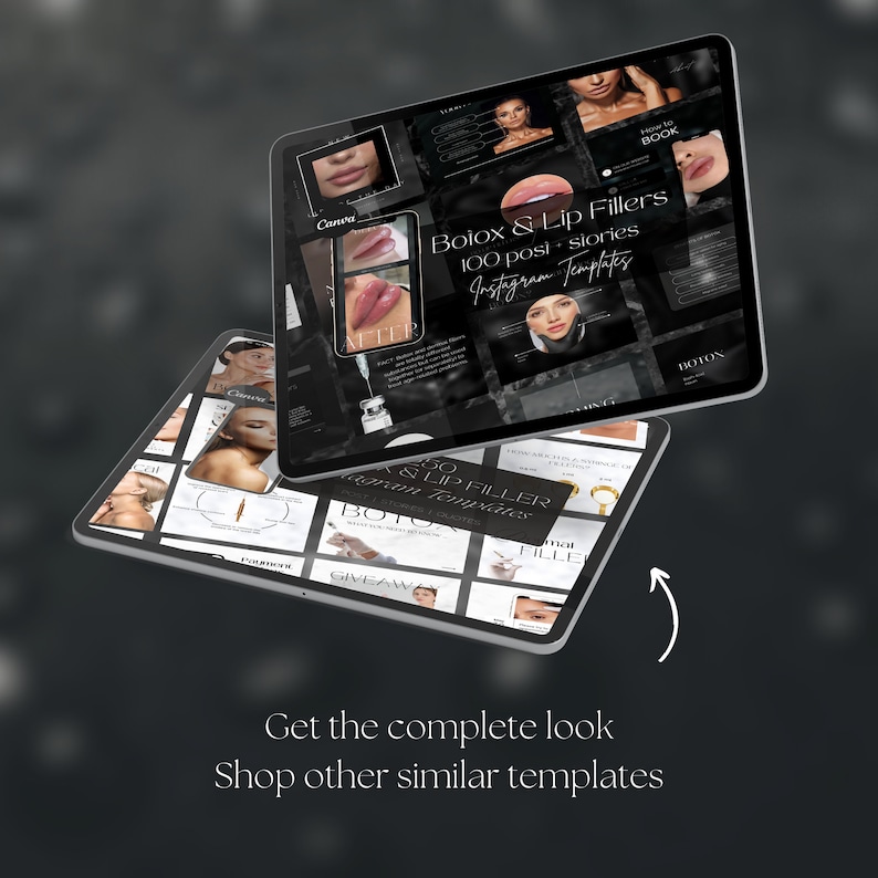 May include: Two digital tablets displaying a collection of 100 Instagram templates for Botox and Lip Fillers. The templates feature a black and white design with images of lips and faces. The text on the tablets reads "Botox & Lip Fillers 100 post - stories Instagram Templates".