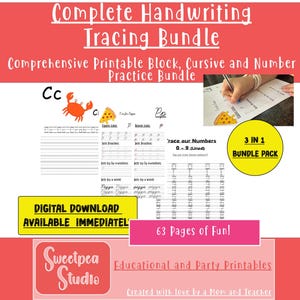 Puede incluir: Un paquete imprimible de trazado de escritura a mano con páginas de práctica de bloques, cursiva y números. La imagen incluye el texto "Complete Handwriting Tracing Bundle" y "Digital Download Available Immediately". El paquete incluye 63 páginas de diversión.