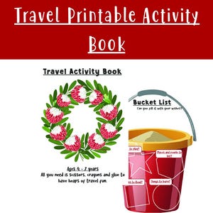 May include: A travel activity book with a red and white design. The book features a floral wreath, a bucket list, and text that reads "Travel Printable Activity Book" and "Travel Activity Book". It is designed for ages 4-7.