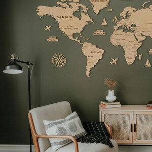 Carte du monde 3D 150 cm | Carte avec drapeaux | Carte murale en bois avec modules complémentaires | Carte du monde éducative | Cadeau pour les voyageurs | Carte du monde découpée au laser