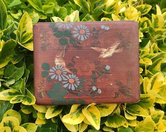 Antique Japanese lacquered paper maché box with flowers & birds.