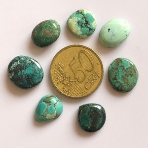 Op de afbeelding: Een verzameling turkoois edelstenen in verschillende tinten blauw en groen, gerangschikt rond een 50-cent munt. De stenen hebben unieke patronen en texturen. De munt is goudkleurig.