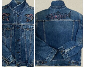 Vintage Style Embroidered Denim Jacket with Native American design, Denim Jacket Embroidered Native American Embroidery