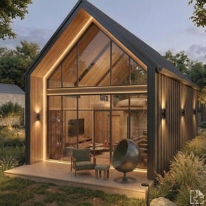 May include: A modern cabin with a black roof and large glass windows. The exterior features wooden siding and a small deck. Interior furnishings include a chair, ottoman, and a unique egg-shaped chair. The cabin is surrounded by greenery.