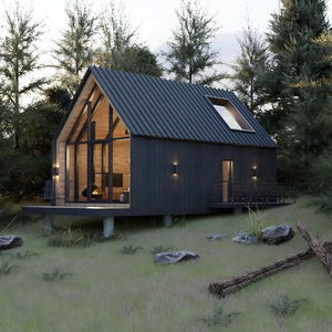 Op de afbeelding: Een modern, donkergrijs huisje met een steil hellend dak en een grote glazen voorkant. Het huisje staat op betonnen pilaren en is omgeven door bomen en grasland. Kenmerken zijn een klein terras en een dakraam.