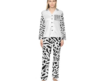 Conjunto de pijama de satén con estampado animal en blanco y negro