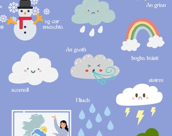 Plakat edukacyjny Aimsir - The Weather jako plakat do nauki języka Gaeilge/irlandzkiego