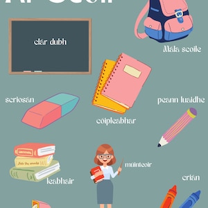 Ar Scoil - At School: educational poster as Gaeilge/ Irish language learning poster