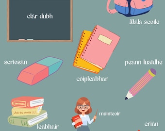 Ar Scoil - W szkole: plakat edukacyjny jako plakat Gaeilge/do nauki języka irlandzkiego