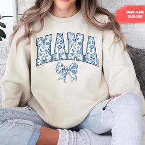 Mama Sweatshirt, Blue Ribbon Sweater, Mothers Day Gift, Girly Aesthetic Gift For Mom, Cute Mom Shirt, Bow Shirt Pregnancy Announcement Shirt
