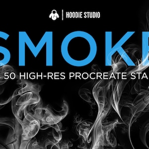 Könnte beinhalten: 50 hochauflösende Procreate-Stempel mit verschiedenen Rauchdesigns. Die Stempel eignen sich perfekt, um digitaler Kunst einen Hauch von Realismus zu verleihen.