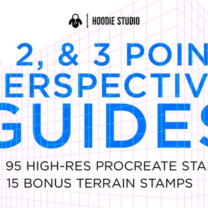 May include: A digital illustration of a grid with the text "1, 2, & 3 POINT PERSPECTIVE GUIDES" in blue. Below the text is a Procreate icon and the text "95 HIGH-RES PROCREATE STAMPS + 15 BONUS TERRAIN STAMPS".