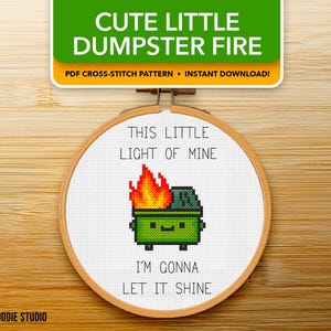 Può includere: Un motivo a punto croce in un telaio di legno presenta un cassonetto verde in fiamme con il testo "THIS LITTLE LIGHT OF MINE, I'M GONNA LET IT SHINE". Lo striscione in alto recita "CUTE LITTLE DUMPSTER FIRE".