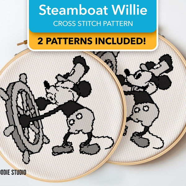 2 for 1! Steamboat Willie Cross Stitch Patterns - DIY Meme, Fun & Easy Needlework, Embroidery, PDF Download Handmade Home Decor Wall Art