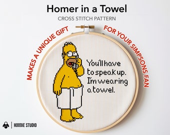 Cross Stitch Pattern: Homer Simpson in a Towel - DIY Meme, Fun & Easy Needlework, Embroidery, PDF Download Handmade Home Decor Wall Art