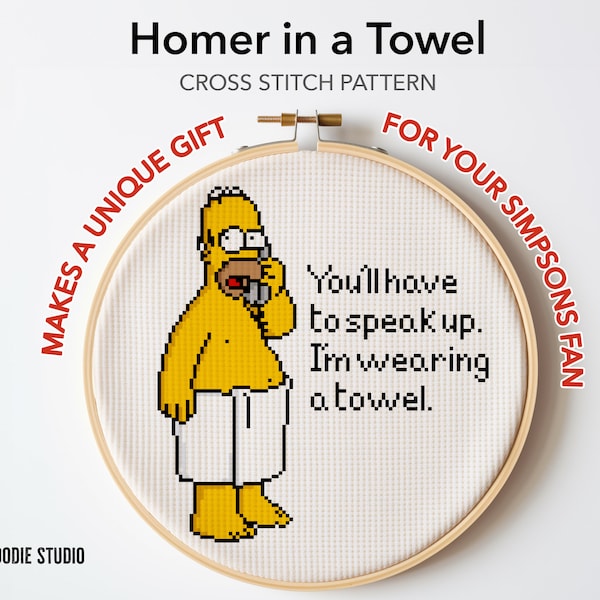 Cross Stitch Pattern: Homer Simpson in a Towel - DIY Meme, Fun & Easy Needlework, Embroidery, PDF Download Handmade Home Decor Wall Art