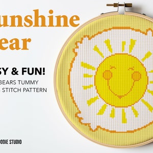 Funshine Bear Tummy パターン - ケアベアの簡単なクロスステッチデザイン DIY 刺繍 保育園の装飾 PDF ダウンロード 手作りホームデコレーション ウォールアート