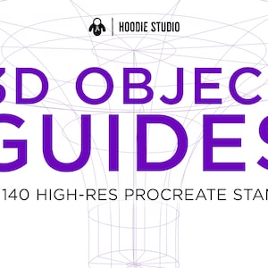 May include: A digital illustration of a 3D object guide with a purple text overlay that reads "3D OBJECT GUIDES 140 HIGH-RES PROCREATE STAMPS". The background is a white grid pattern.