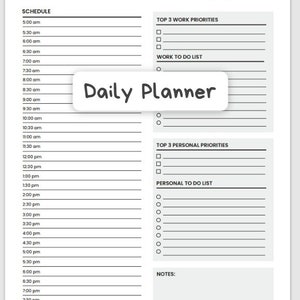 May include: A white daily planner with a schedule for Monday, including time slots from 5:00 am to 9:00 pm. The planner includes sections for work and personal priorities, to-do lists, and notes. The words "Daily Planner" are in the center.